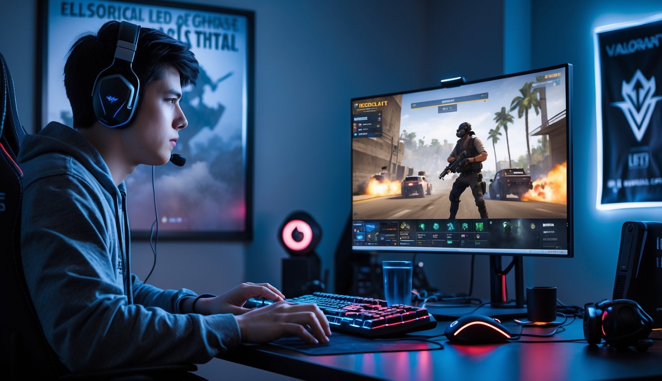 Seorang pemain muda sedang fokus bermain game Valorant di depan komputer dengan perangkat gaming lengkap di ruangan yang rapi.
