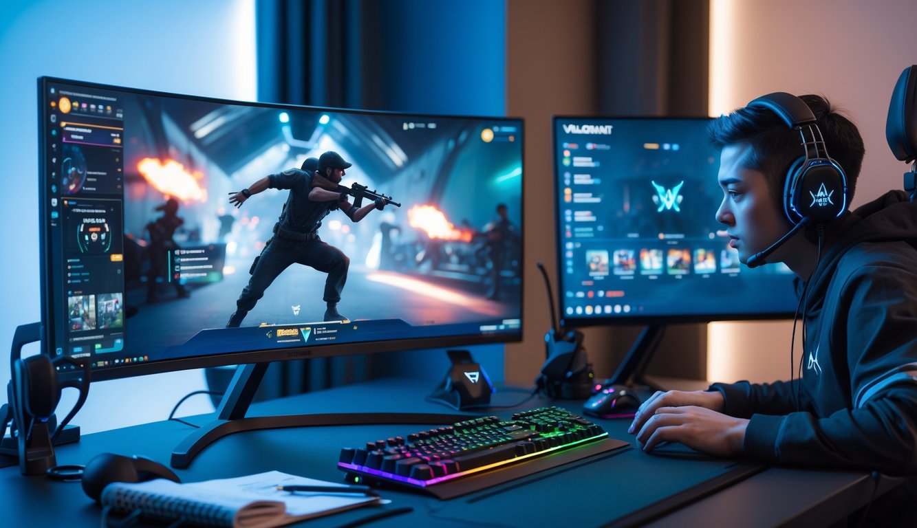 Seorang pemain game sedang bermain Valorant dengan setup gaming modern dan peralatan lengkap di meja.
