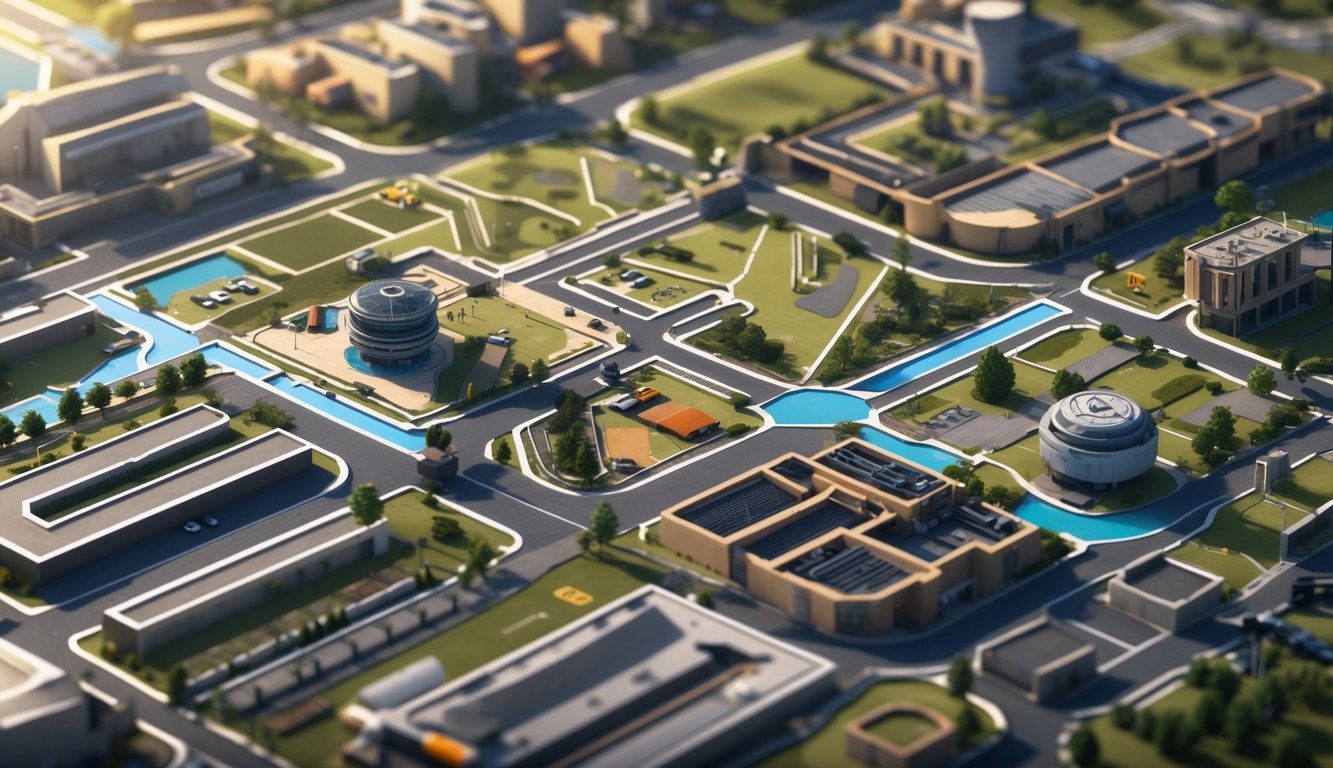 Peta permainan taktis dengan berbagai zona seperti jalan kota, area industri, dan titik strategis tanpa teks.