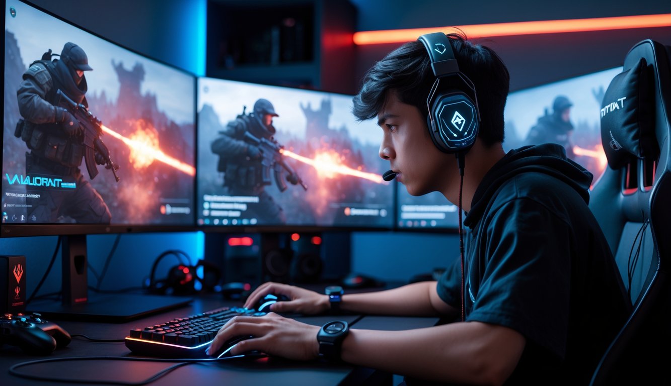 Seorang pemain muda fokus bermain game komputer di meja gaming dengan beberapa monitor dan peralatan gaming di ruangan dengan pencahayaan RGB.