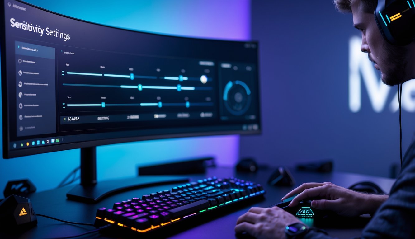 Seorang pemain sedang mengatur sensitivitas mouse pada layar komputer dengan setup gaming modern.