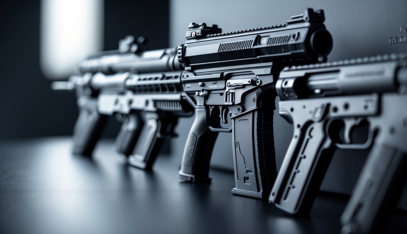 Foto close-up beberapa senjata utama dari permainan Valorant yang disusun rapi di atas permukaan gelap.