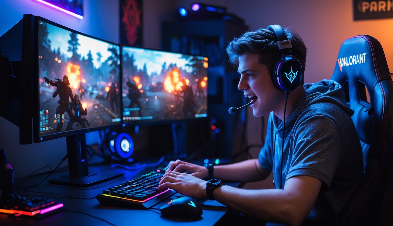 Seorang gamer muda sedang bermain Valorant dengan fokus di depan komputer dengan pencahayaan warna-warni di ruangan.