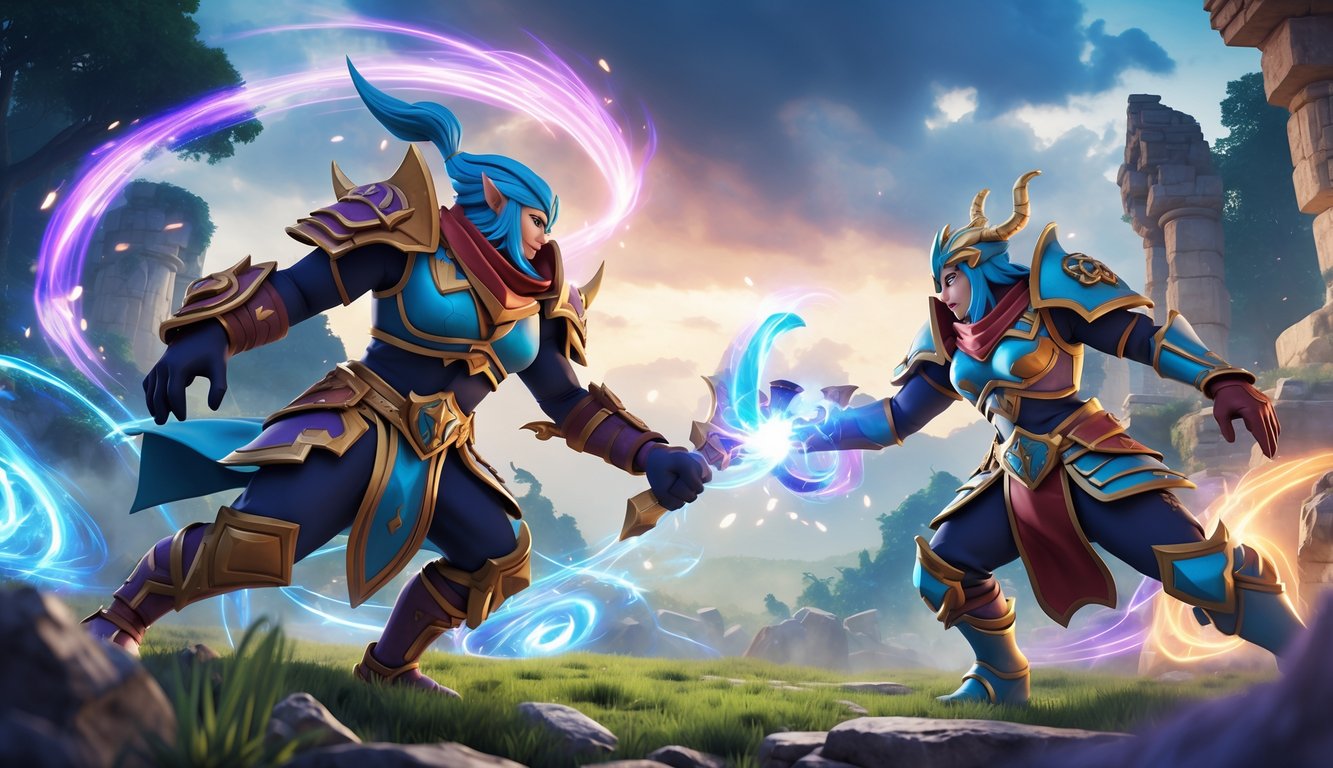 Dua karakter pahlawan bertarung di medan pertempuran fantasi dengan latar hutan dan reruntuhan kuno.