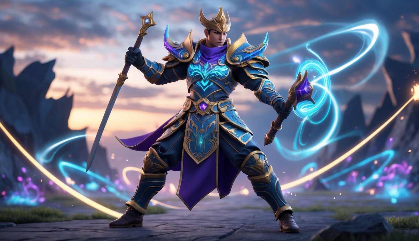 Seorang pahlawan Mobile Legends terbaik berdiri gagah dengan senjata di tangan di medan perang yang dramatis.