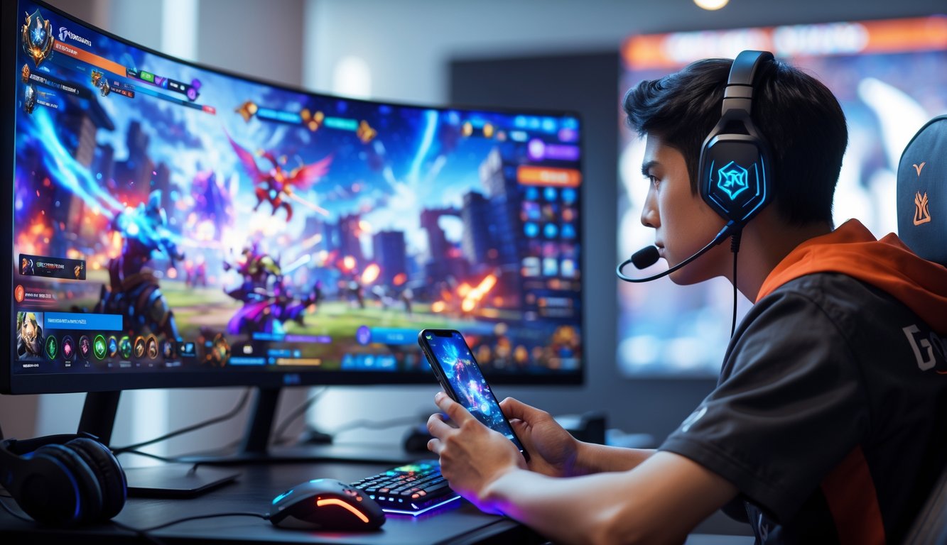Seorang pemain muda sedang fokus bermain Mobile Legends di depan monitor besar dengan tampilan permainan yang penuh warna dan aksi.