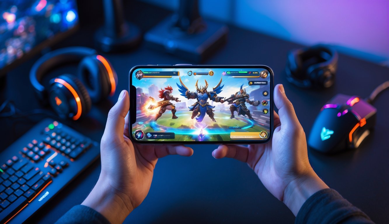 Seseorang memegang smartphone yang menampilkan permainan Mobile Legends dengan latar belakang peralatan gaming.