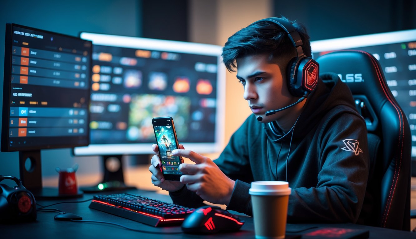Seorang pria muda fokus bermain game mobile di depan meja dengan perangkat gaming dan layar monitor di latar belakang.