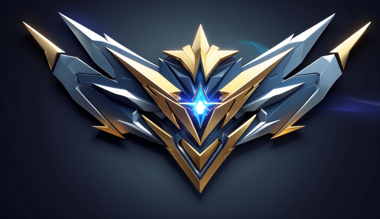 Emblem Mobile Legends yang rumit dengan bentuk geometris tajam dan warna biru, emas, serta perak pada latar belakang gelap.