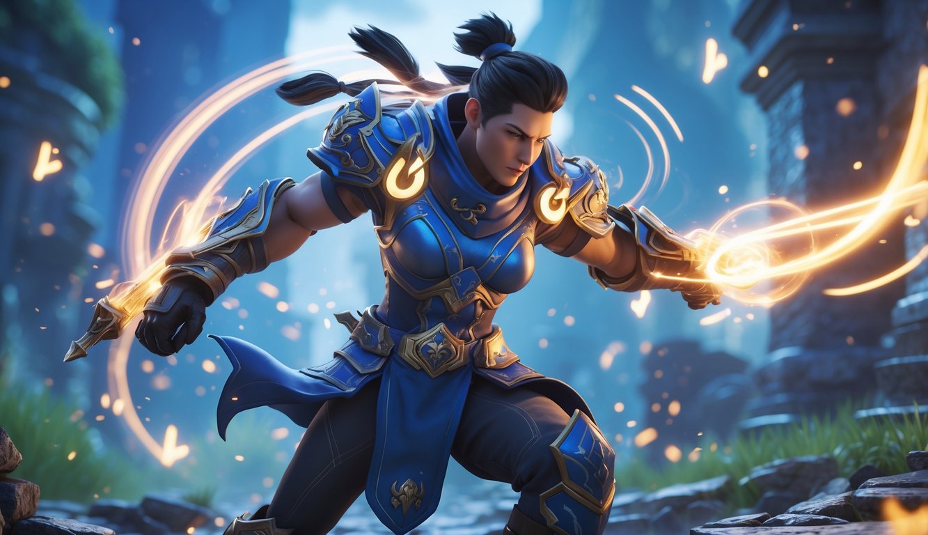 Pahlawan Mobile Legends sedang bertarung di medan pertempuran mistis dengan latar belakang reruntuhan dan efek energi yang menyala.