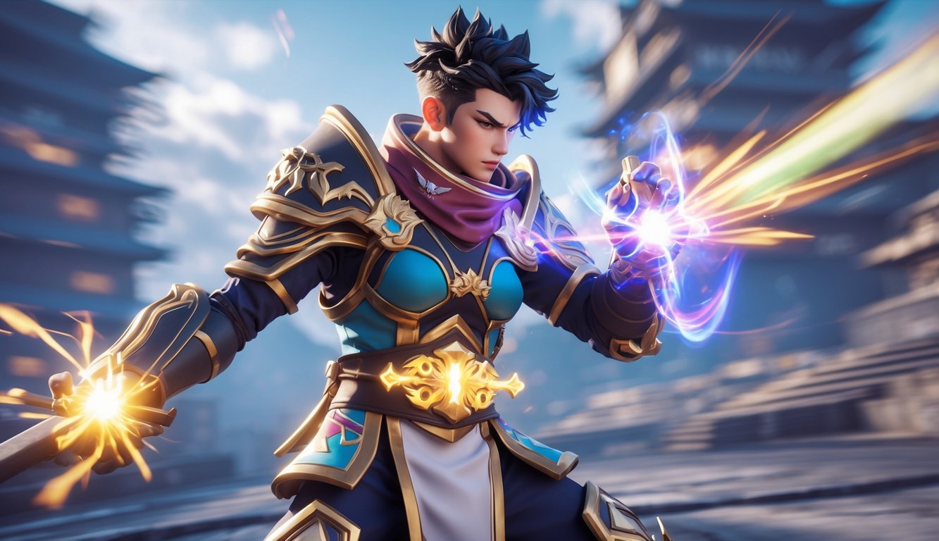 Seorang pahlawan sedang beraksi di medan perang dengan efek cahaya dan senjata futuristik.