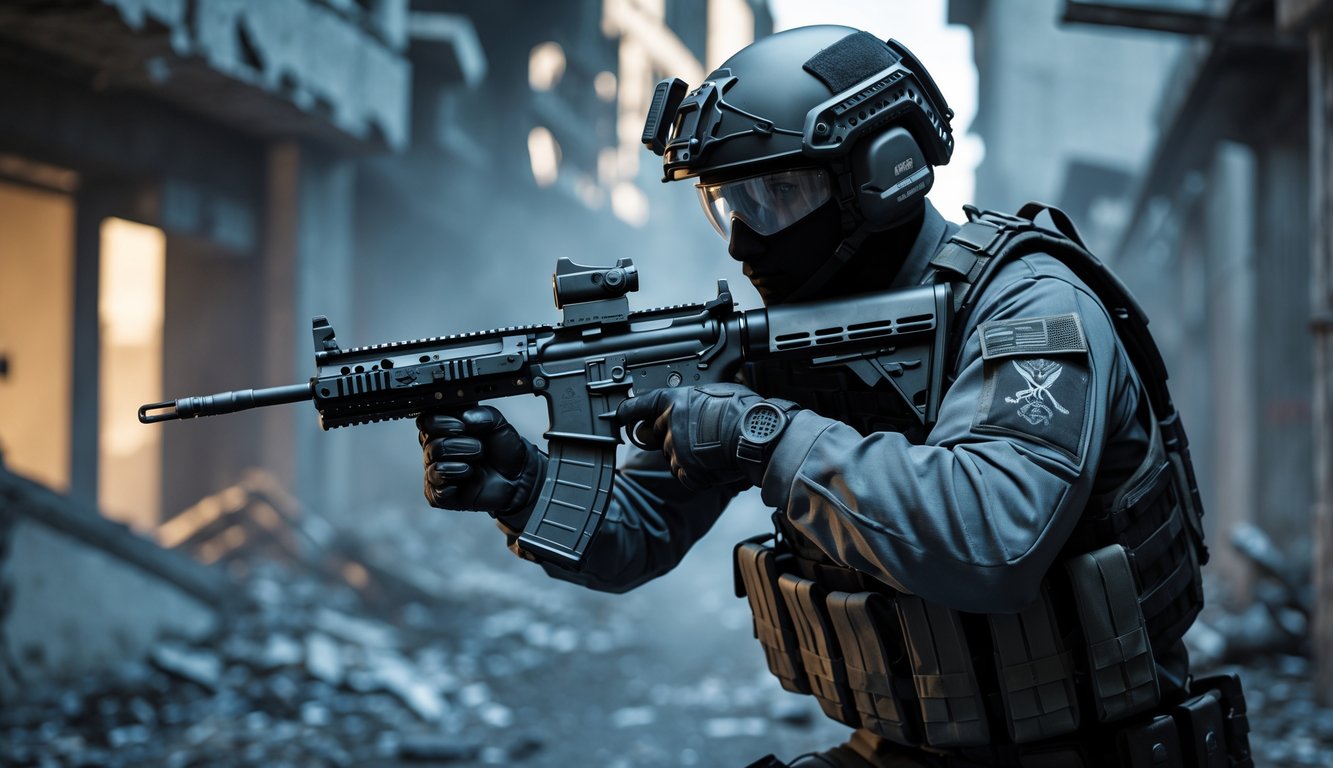 Seorang tentara berpakaian tempur lengkap sedang mengincar dengan senapan di dalam bangunan yang rusak dan berdebu.