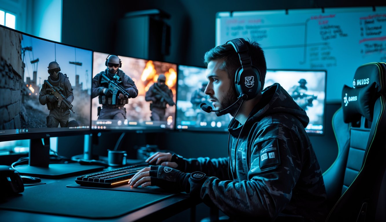 Seorang gamer fokus bermain Rainbow Six Siege dengan beberapa monitor menampilkan permainan dan peta taktis di sebuah ruangan dengan pencahayaan redup.