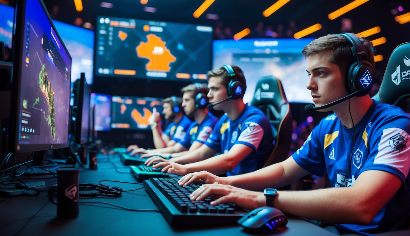 Sekelompok pemain esports sedang bermain kompetitif dengan serius di arena permainan dengan monitor besar dan pencahayaan warna-warni.