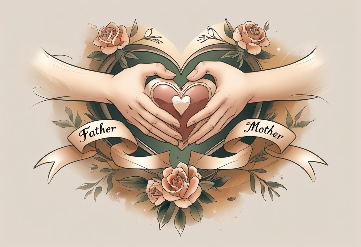 Tatuagem Homenagem Pai E Mãe: Ideias Significativas E Inspirações Ilustração mostrando mãos segurando um coração com flores ao redor, simbolizando homenagem ao pai e à mãe.