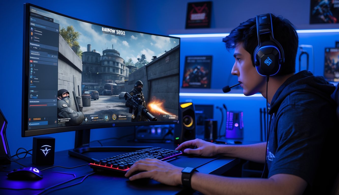 Seorang pemain muda sedang fokus bermain Rainbow Six Siege di depan monitor dengan peralatan gaming lengkap di meja.