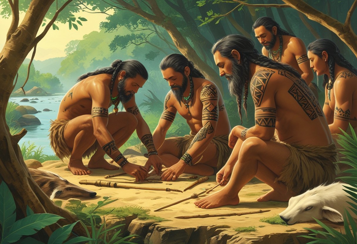 Cena de humanos antigos aplicando tatuagens com ferramentas primitivas em um ambiente natural pré-histórico.
