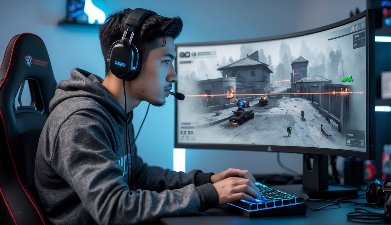 Seorang gamer muda sedang fokus bermain video game taktis di depan layar komputer dengan headset gaming.