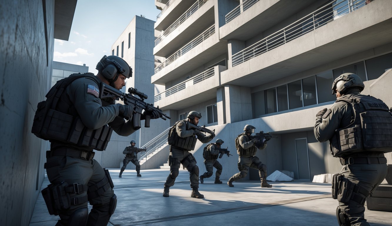 Adegan permainan video taktis dengan beberapa operator bersenjata di lingkungan perkotaan modern yang siap bertempur.