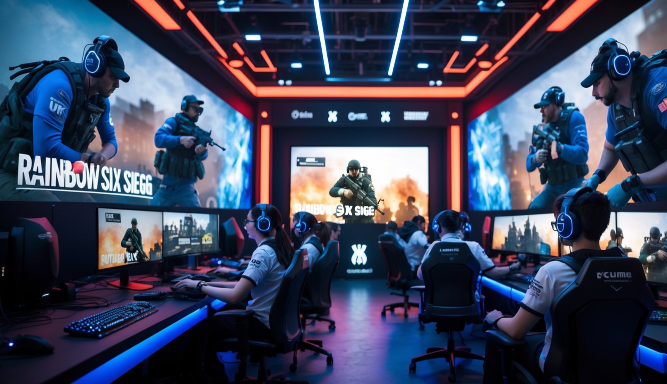 Sekelompok pemain esports sedang bermain Rainbow Six Siege dalam arena permainan dengan monitor besar dan peralatan gaming.