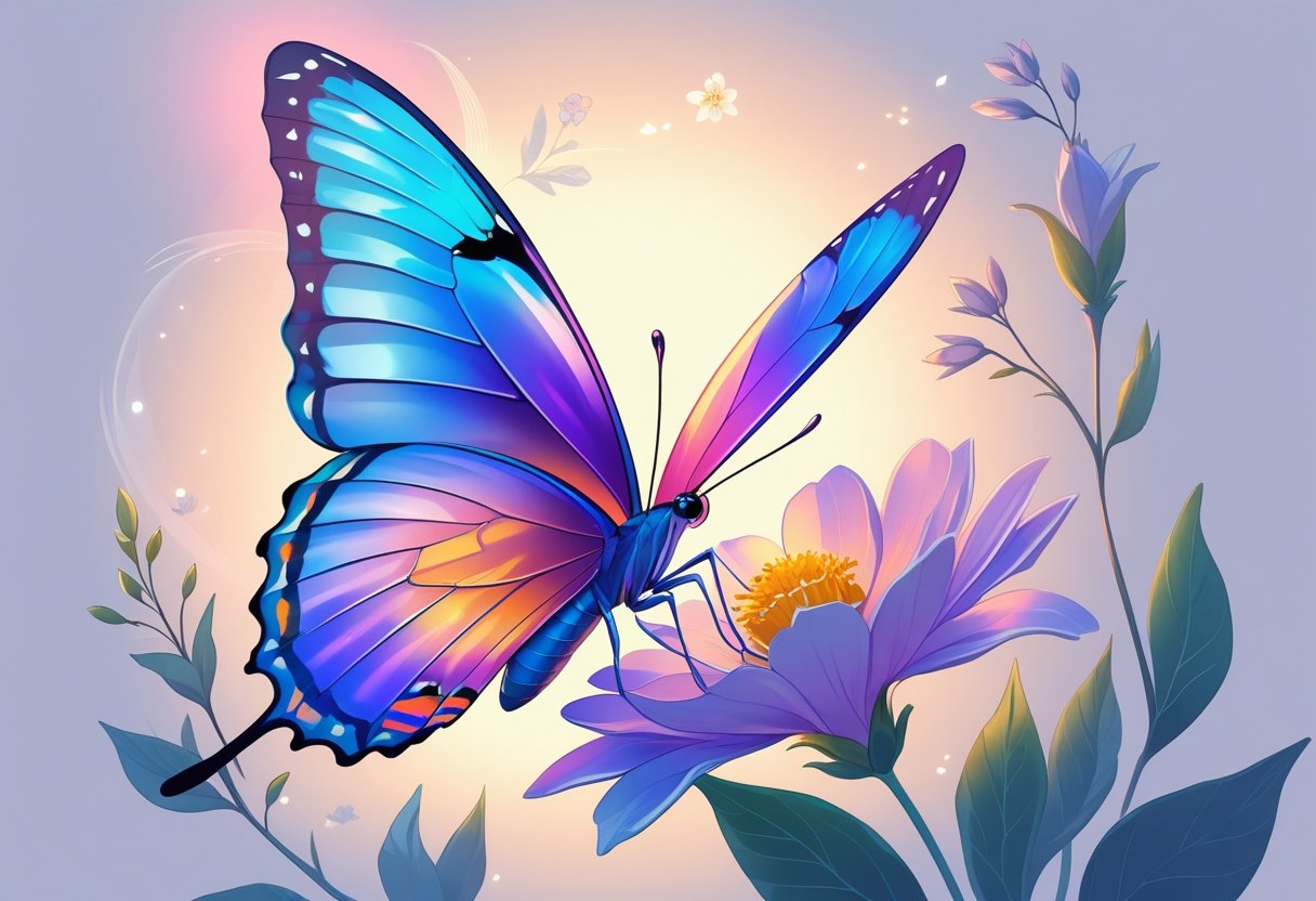 Uma borboleta colorida pousada em uma flor em meio a folhas e pequenas flores, simbolizando transformação e liberdade.
