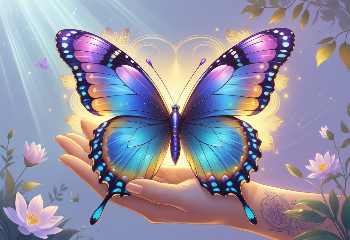 Uma borboleta colorida com padrões culturais nas asas pousada delicadamente em uma mão, cercada por flores e luz suave, representando transformação espiritual e cultural.