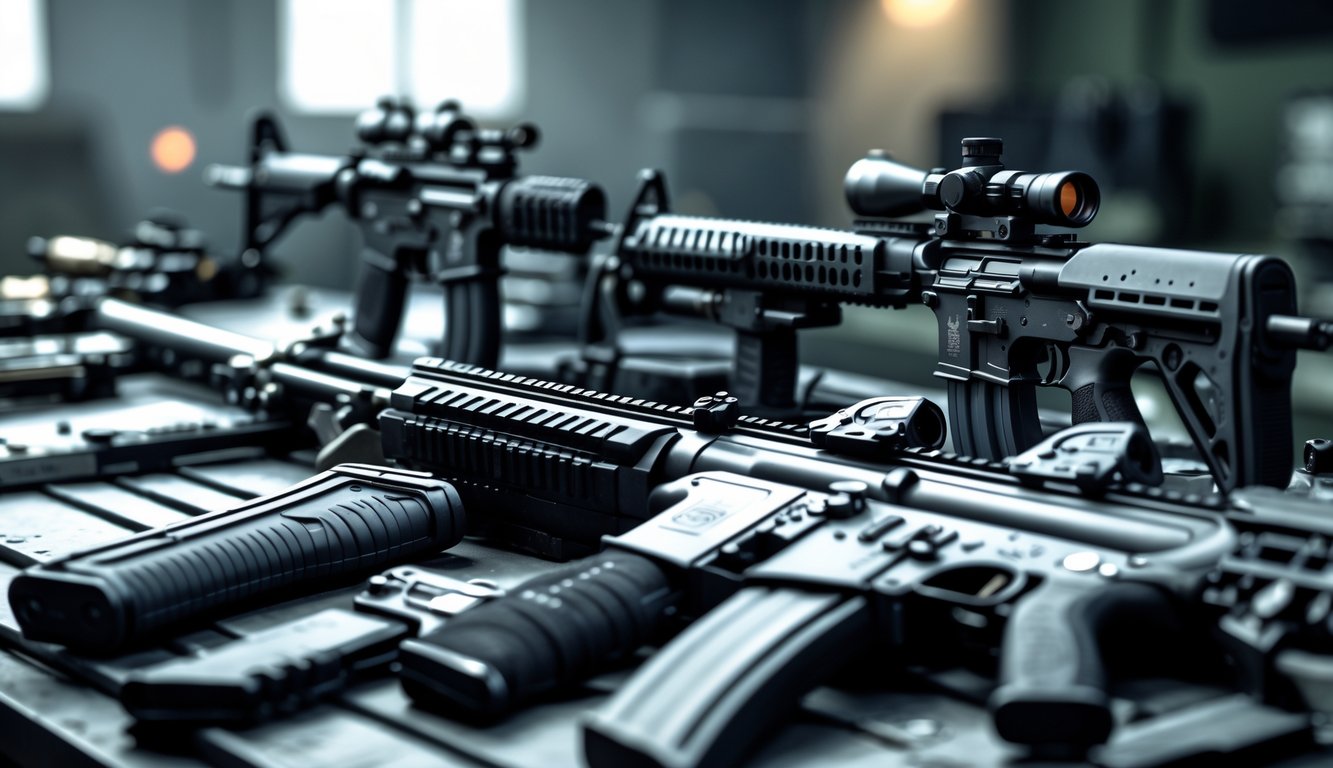 Foto close-up senjata terbaik dari Rainbow Six Siege yang tersusun rapi di atas meja taktis dengan latar belakang ruangan militer.