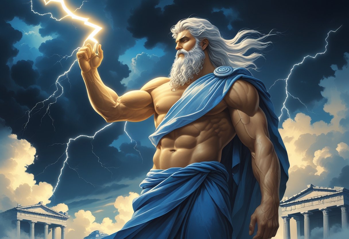 Zeus segurando um raio em uma mão, com cabelo e barba brancos, em pé diante de um céu tempestuoso com nuvens escuras e relâmpagos, com montanhas ao fundo.