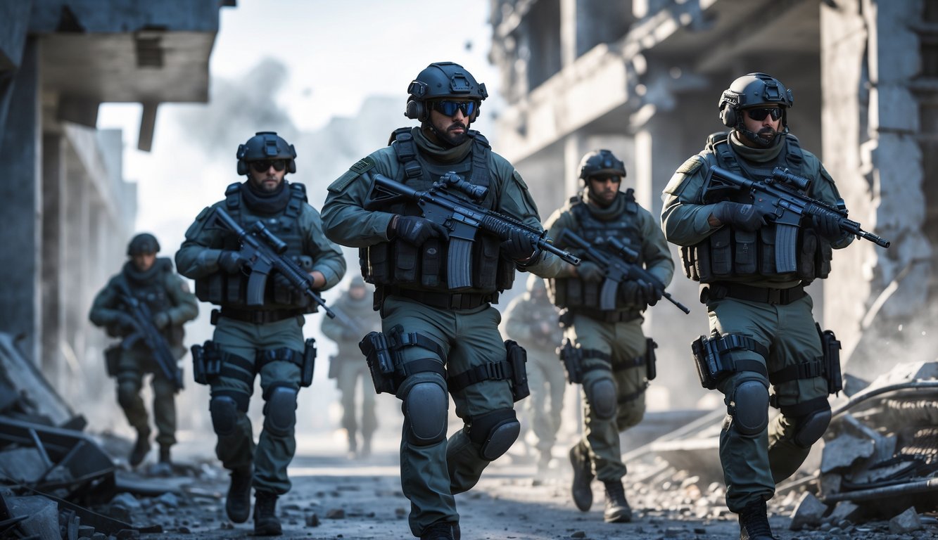 Sekelompok pasukan khusus bersenjata lengkap bergerak di lingkungan perkotaan yang rusak, siap untuk operasi taktis.