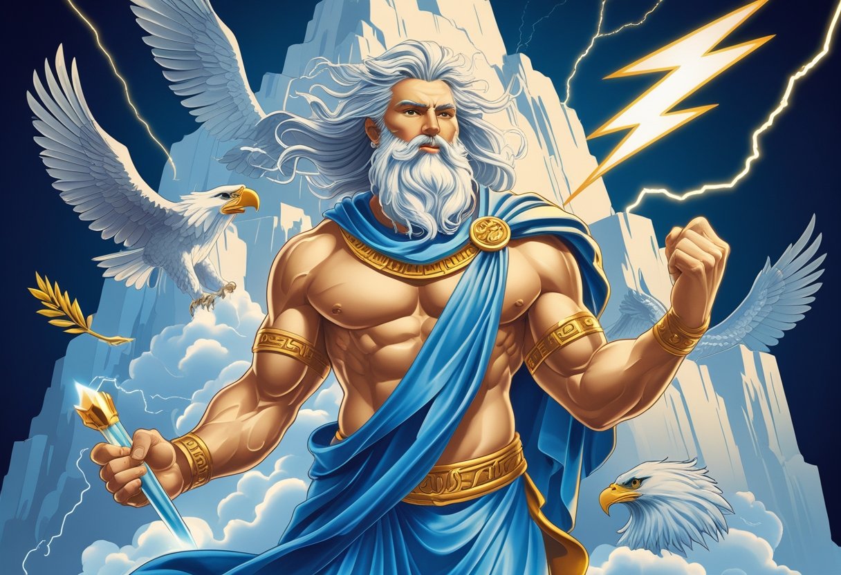 Figura masculina forte segurando um raio, cercada por elementos como ramos de oliveira, águias e nuvens, com uma montanha ao fundo iluminada por relâmpagos.