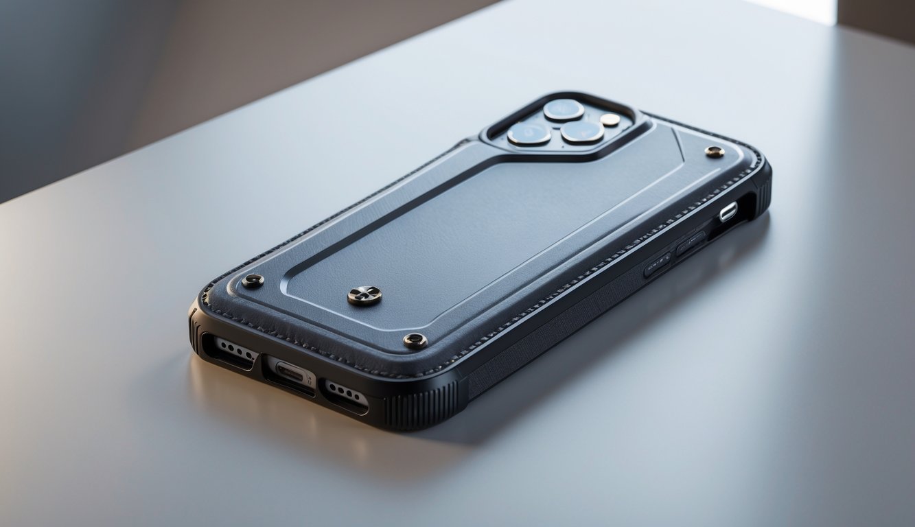 Smartphone dengan casing pelindung berkualitas tinggi diletakkan di atas permukaan bersih.