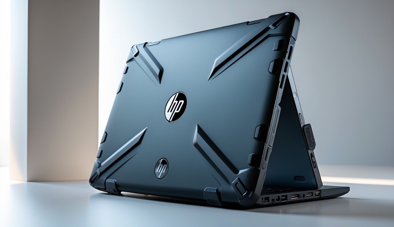 Penutup laptop HP yang tahan benturan dengan tekstur kuat dan tepi yang diperkuat.