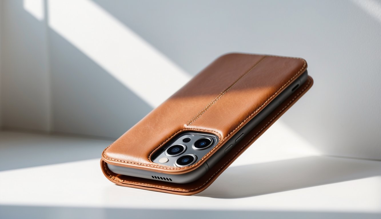 Sebuah sarung handphone premium terbuat dari kulit berkualitas tinggi diletakkan di atas permukaan putih yang bersih.