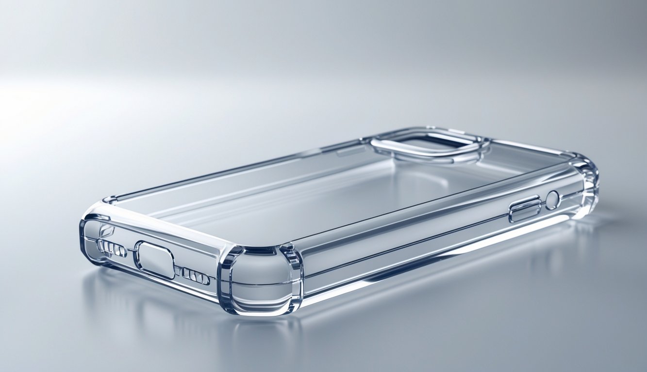 Casing transparan berkualitas tinggi dengan desain modern dan latar belakang netral.