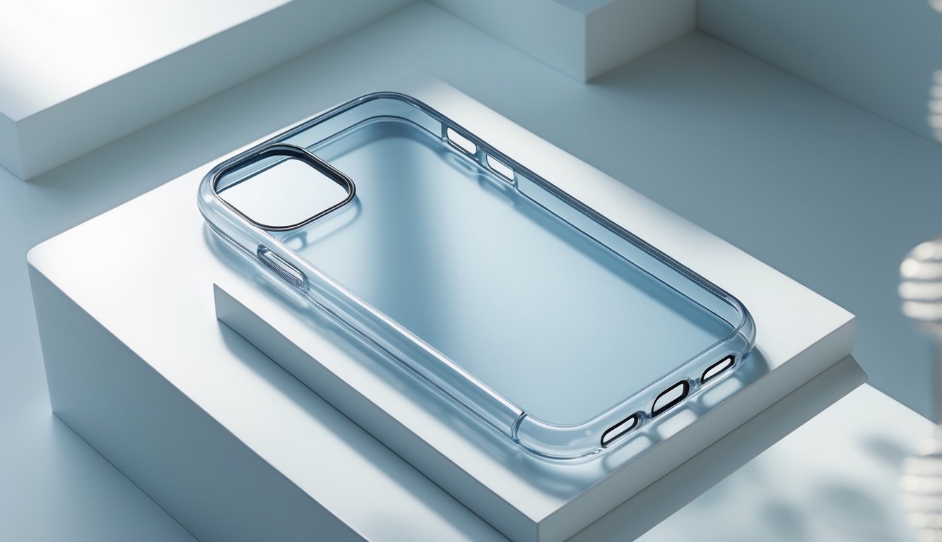 Casing silikon transparan untuk smartphone diletakkan di atas permukaan putih bersih.