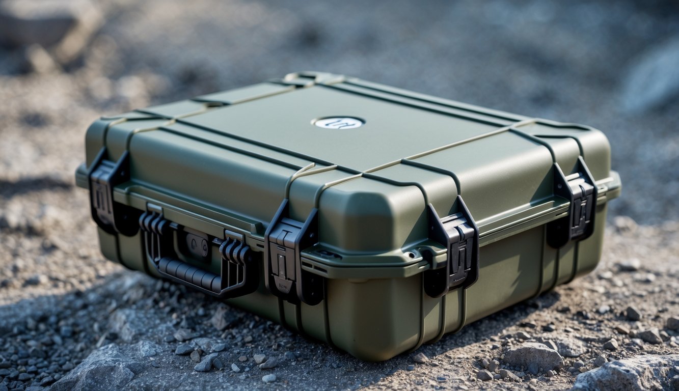 Sebuah tas laptop HP bergaya militer yang kokoh diletakkan di permukaan luar ruangan yang kasar.