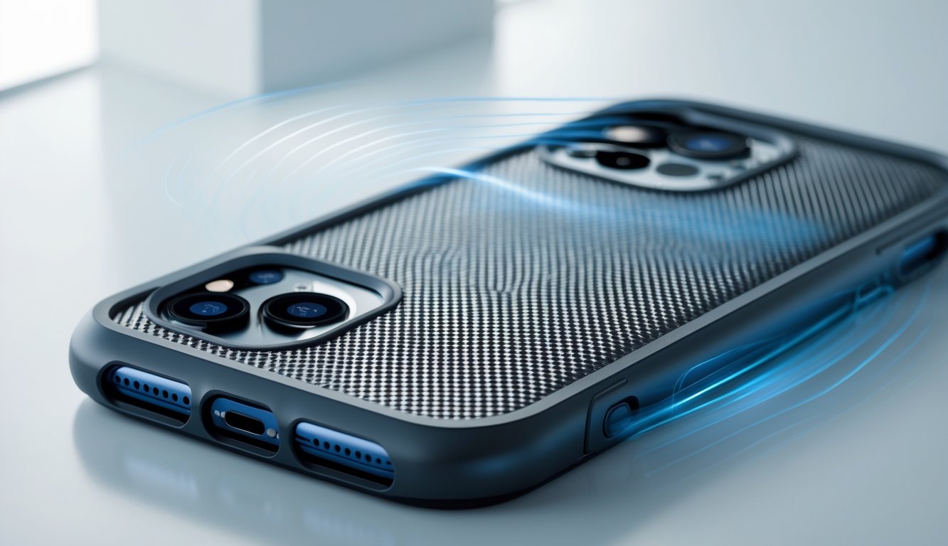 Gambar close-up sebuah ponsel dengan casing pelindung yang dirancang untuk mencegah panas berlebih.