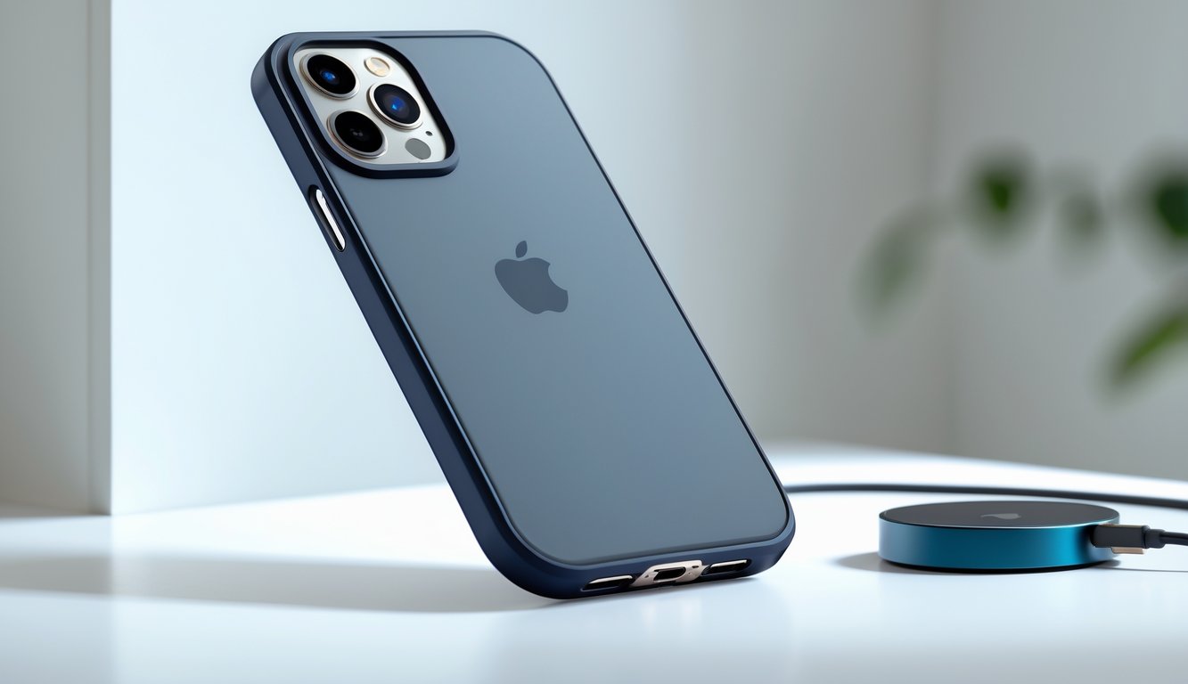 Sebuah iPhone dengan casing MagSafe berdiri di atas permukaan putih bersih dengan pencahayaan alami.