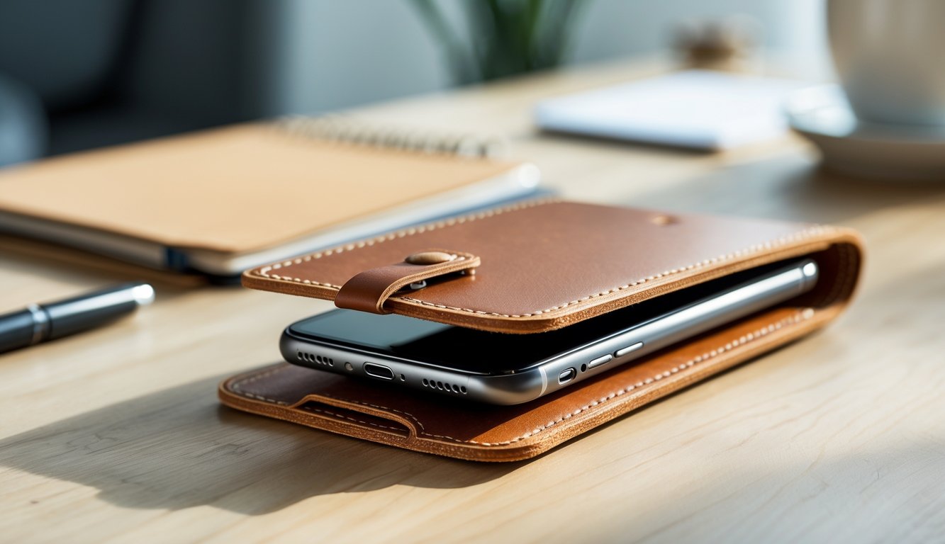 Sebuah casing ponsel dari kulit asli berwarna coklat diletakkan di atas meja kayu dengan latar belakang alat tulis dan cangkir kopi.