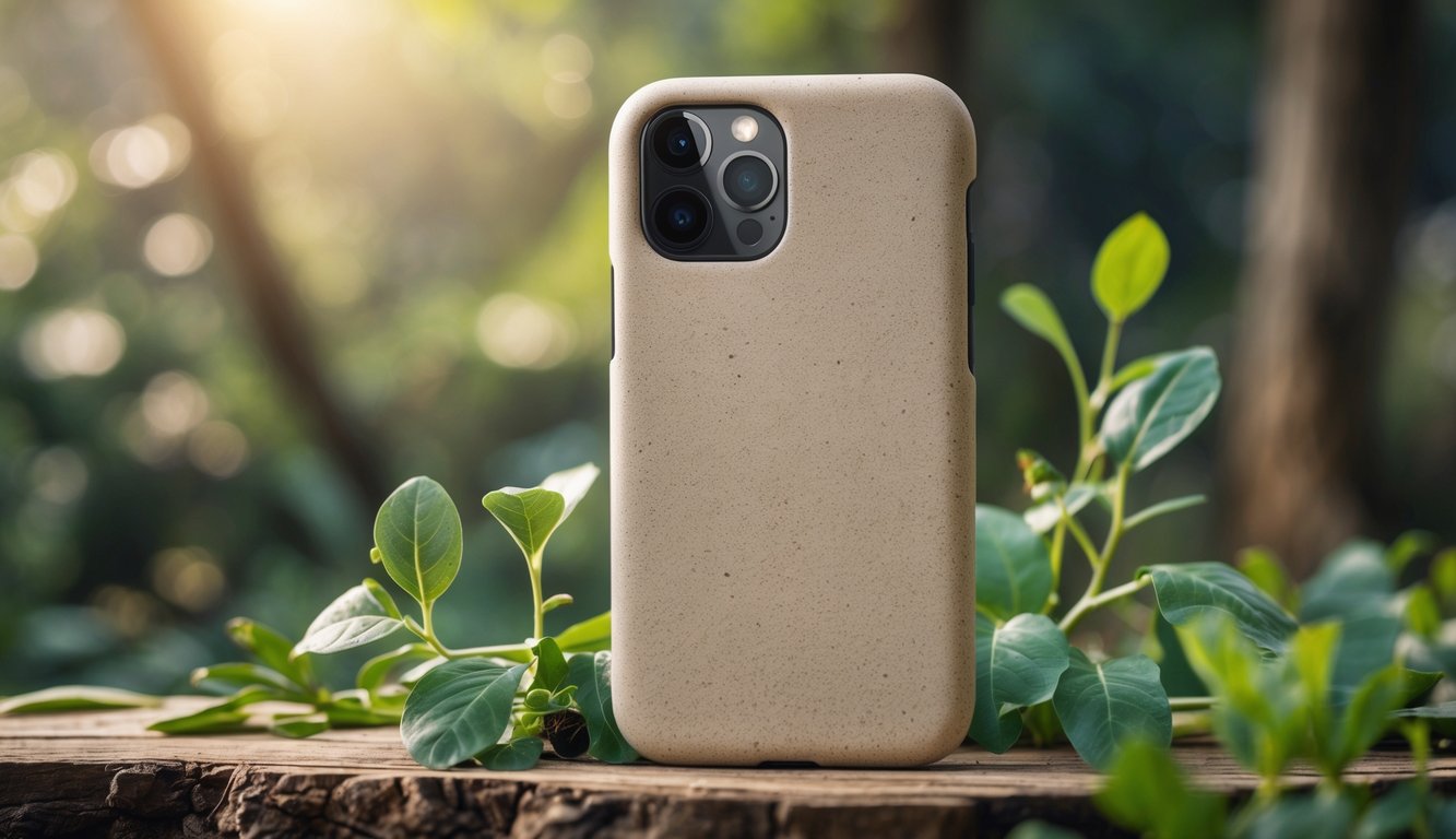 Sebuah casing ponsel ramah lingkungan diletakkan di atas permukaan kayu dengan daun hijau di sekitarnya.