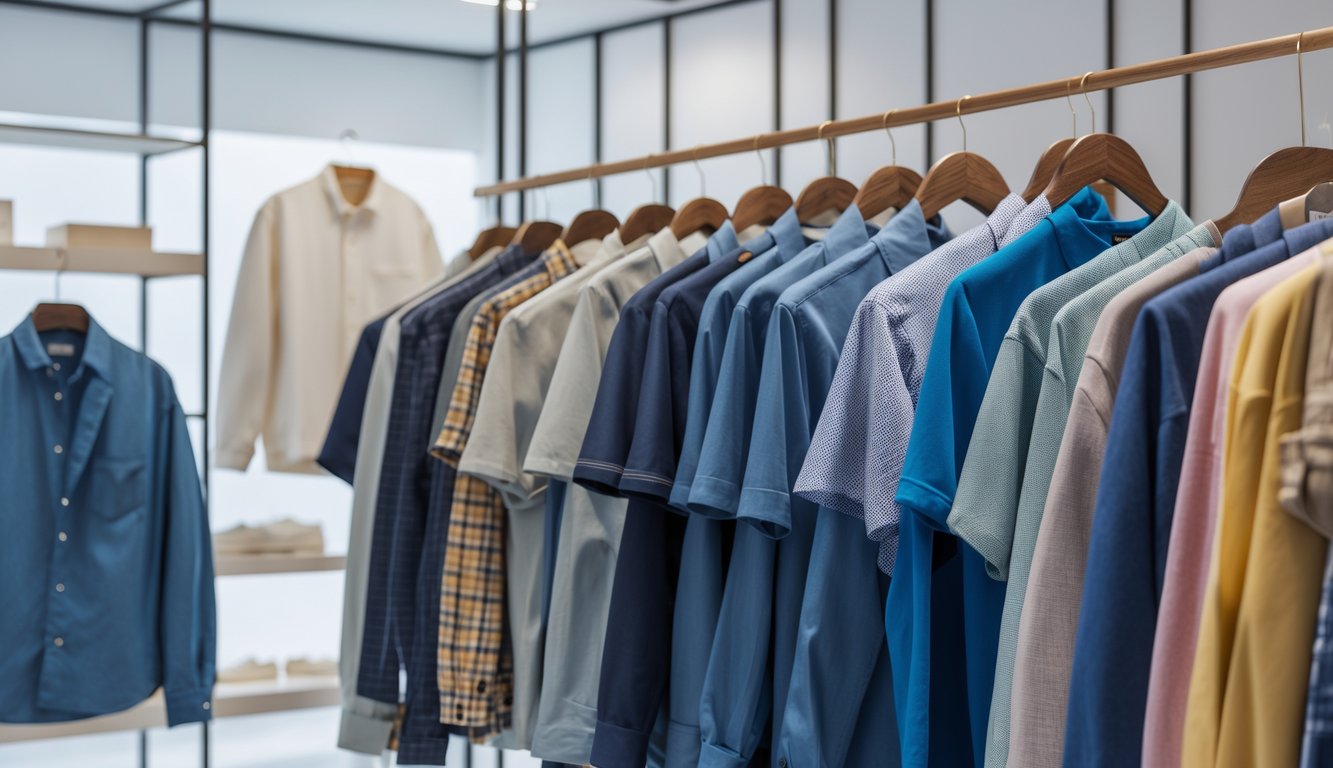 Koleksi pakaian bermerek asli yang ditata rapi di toko modern dengan pencahayaan alami.