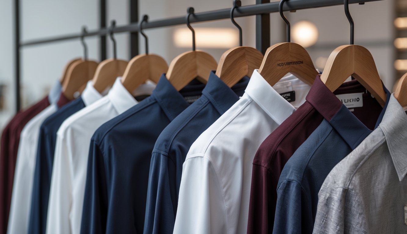 Beberapa baju branded premium tergantung rapi di gantungan kayu di dalam toko pakaian yang bersih dan terang.