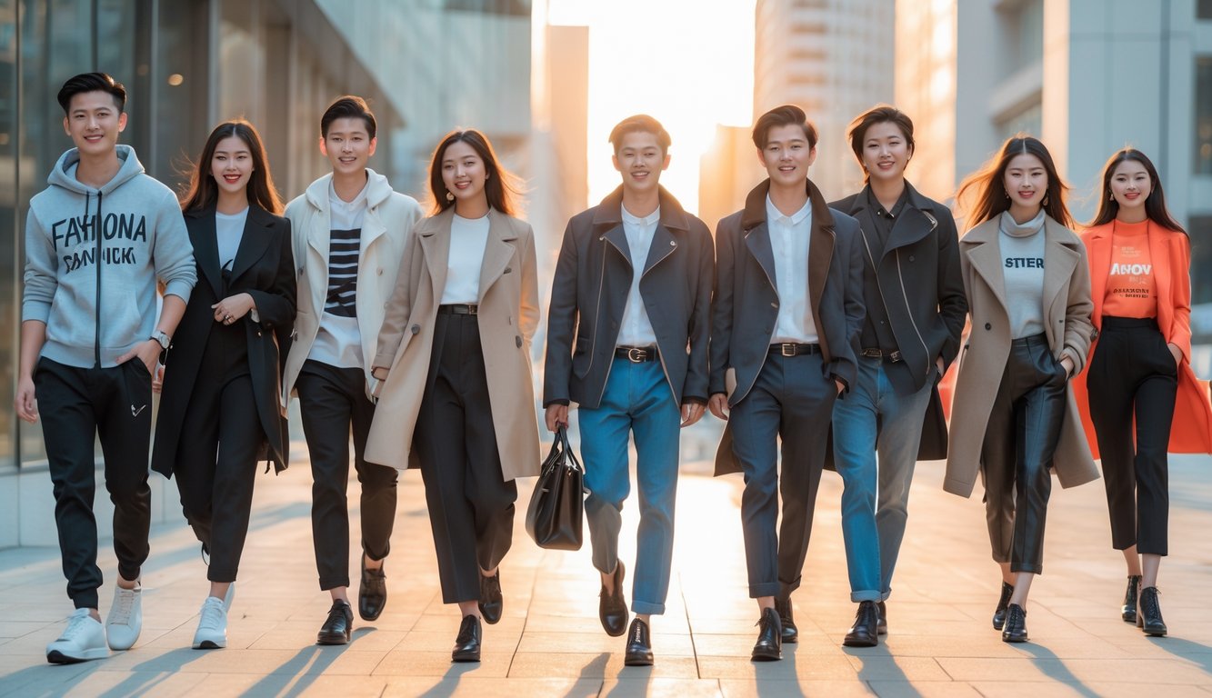 Sekelompok orang muda berpakaian modis berjalan di kota modern dengan latar gedung tinggi.