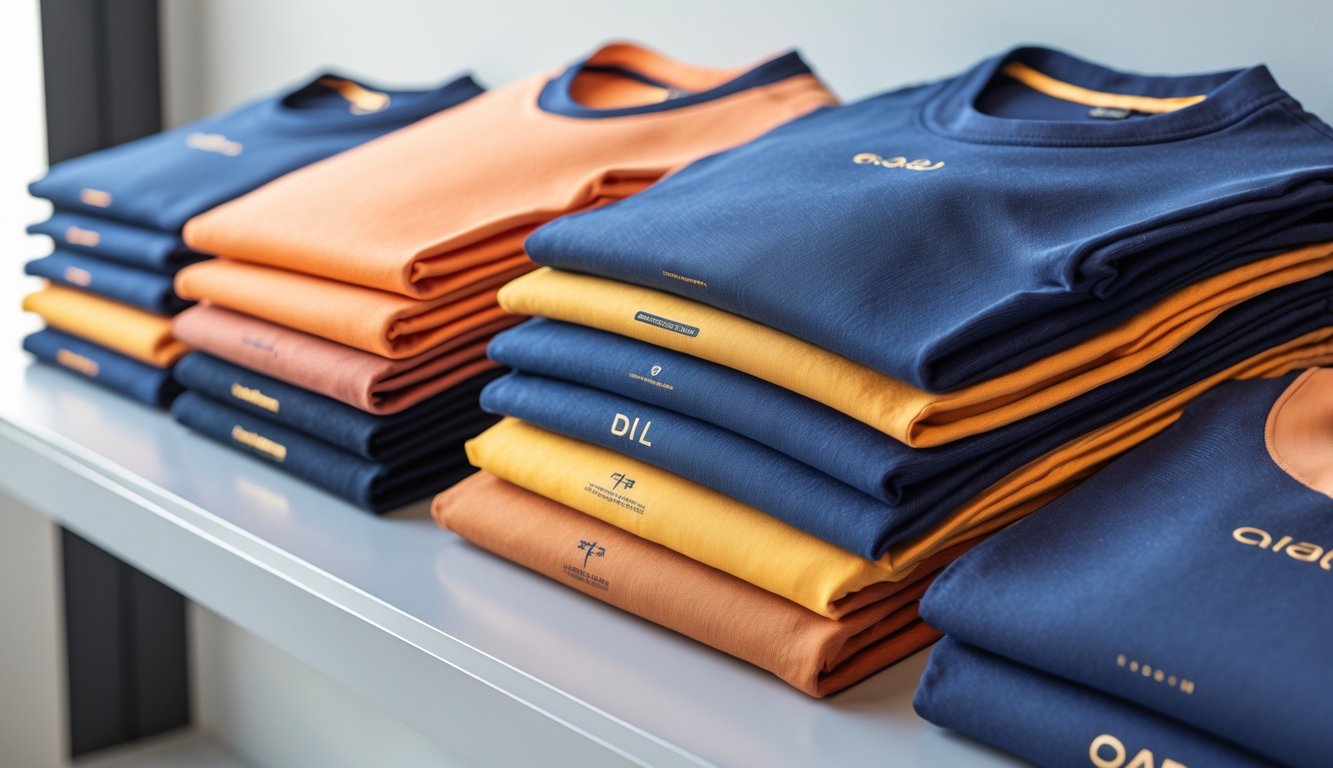 Beberapa kaos berkualitas tinggi yang ditata rapi di atas meja dengan pencahayaan terang.