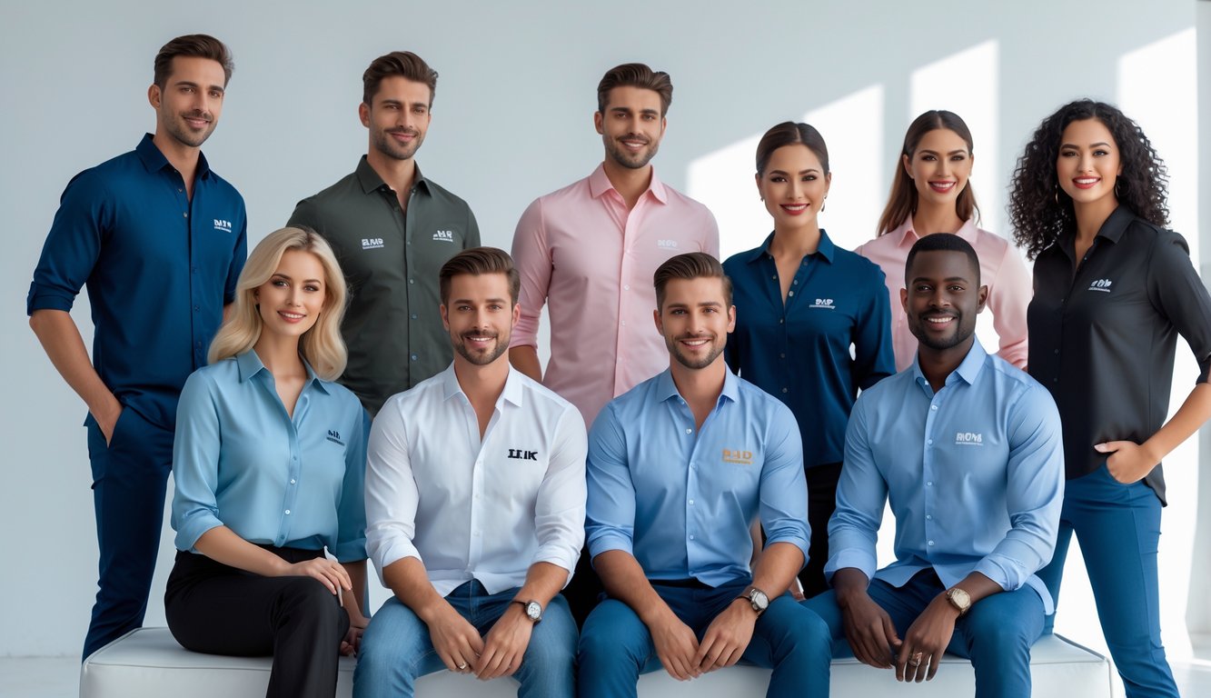 Sekelompok pria dan wanita mengenakan kemeja bermerek, berpose di studio dengan latar belakang bersih.