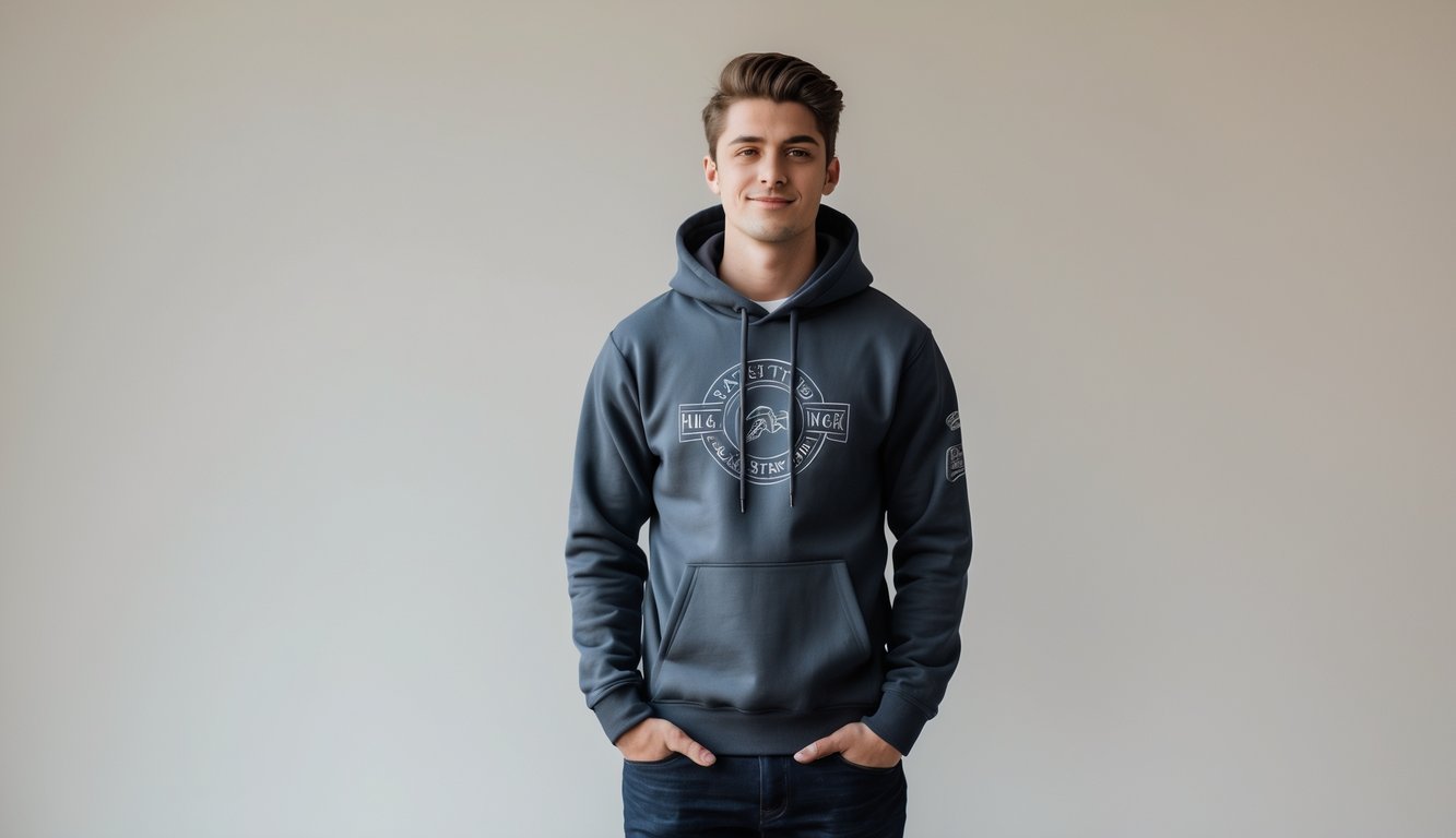 Seorang dewasa muda mengenakan hoodie bermerek yang populer sedang berdiri dengan latar belakang netral.