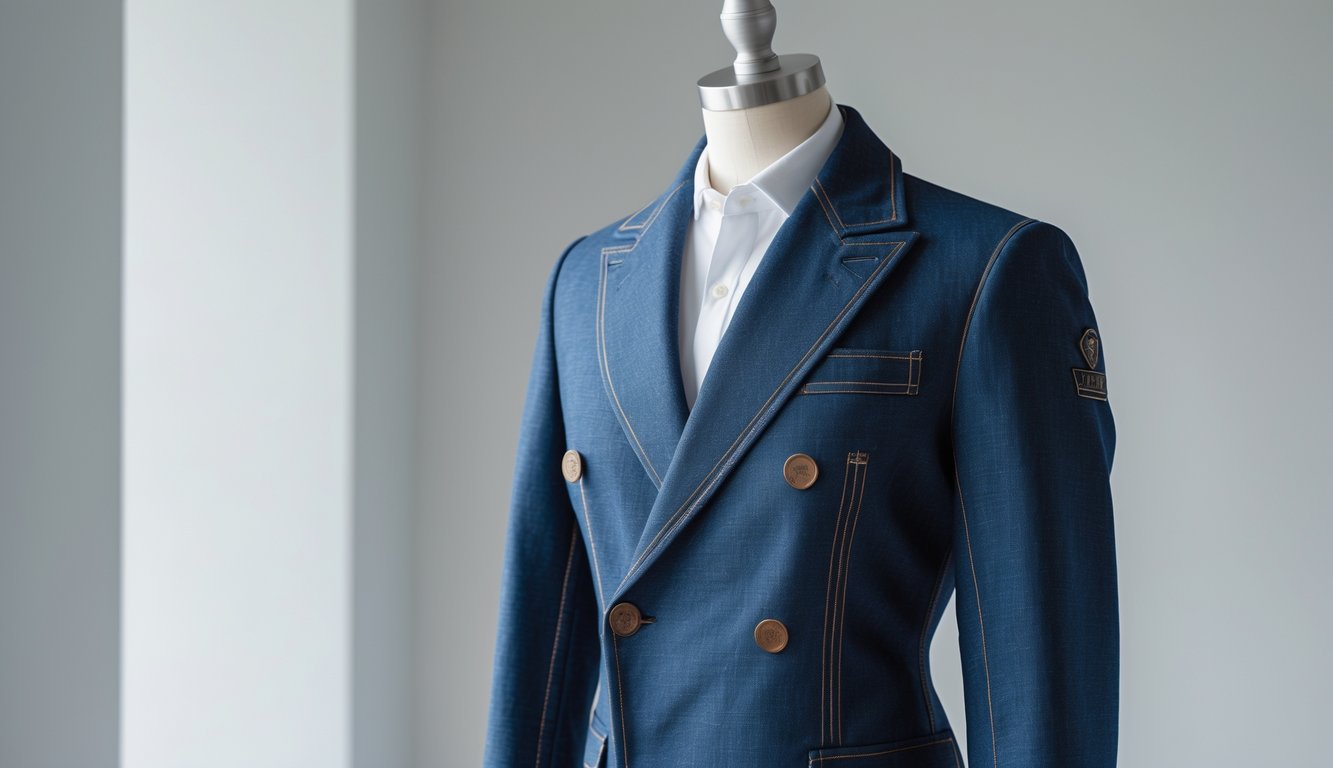 Sebuah jaket branded kelas dunia dipajang di atas manekin dengan latar belakang bersih dan minimalis.