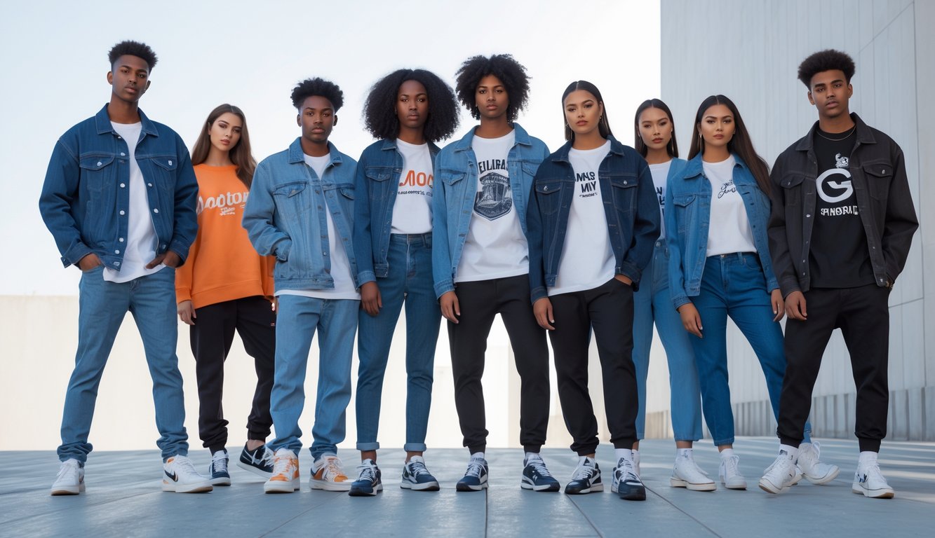 Sekelompok orang muda mengenakan pakaian kasual modis di latar kota yang bersih.