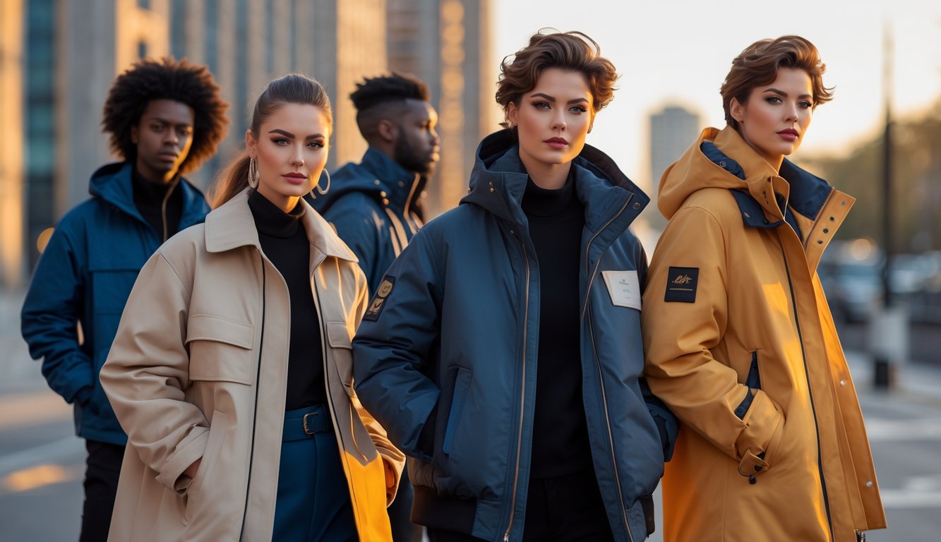 Sekelompok orang memakai berbagai jenis jaket dan mantel di luar ruangan dengan latar belakang kota.