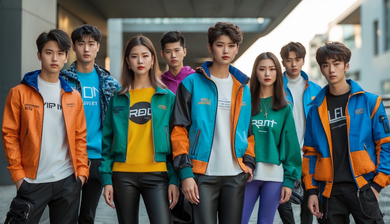 Sekelompok orang muda mengenakan pakaian bermerek terbaru di luar ruangan dengan latar belakang arsitektur modern.